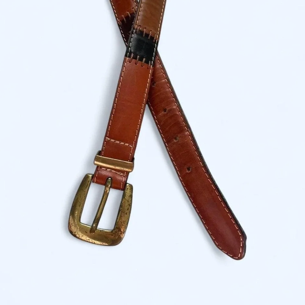 Patchwork leather belt with brass buckle size XL by Fossil